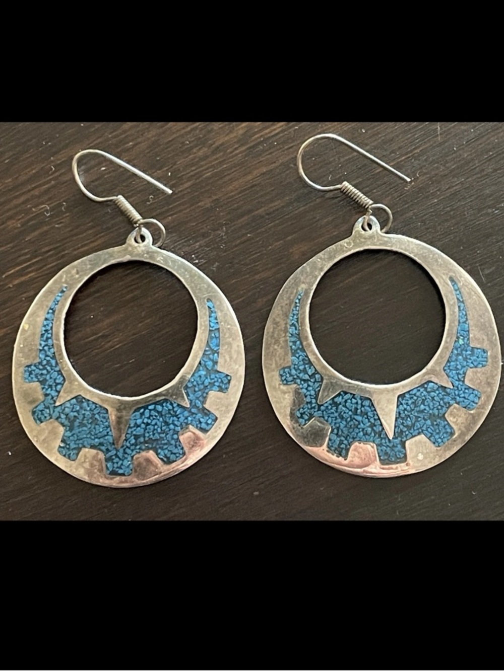 VTG Taxco Dangle Drop Earrings Hoops S925 Turquoise Inlay 70s Retro Boho Coastal